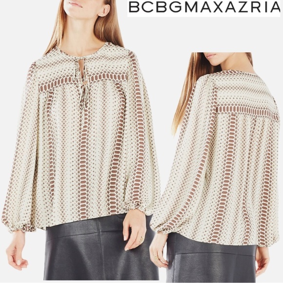 BCBGMaxAzria Lorella Pattern Long Balloon Sleeves Blouse Chiffon Career Formal - Picture 1 of 11